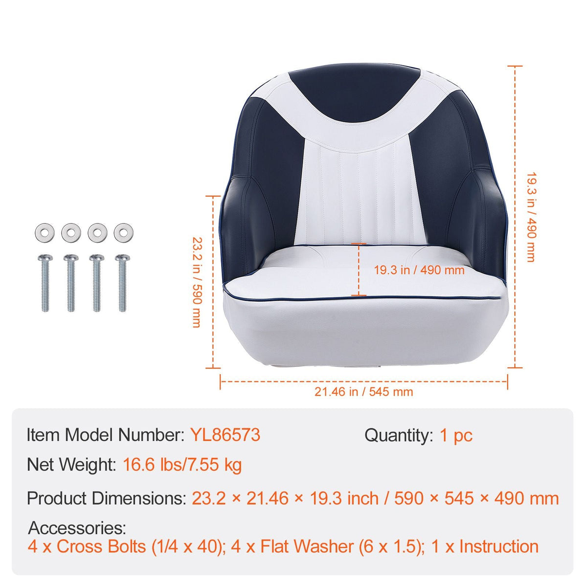 Captain Bucket Seat, Pontoon Boat Seat with Thickened Sponge Padding, Boat Captain Chair for Fishing Boat, Sightseeing Boat, Speedboat, Canoe, 1-Piece