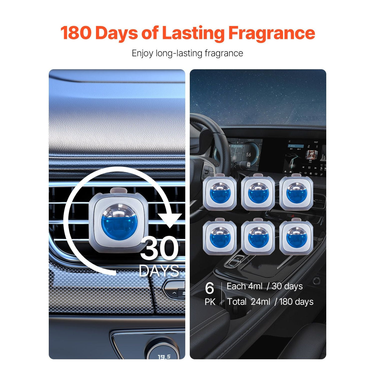 Car Air Freshener, 6-Pack New Car Scent Vent Clips, 4ml Each, Long-Lasting Fragrance Up to 180 Days , Adjustable Intensity Air Fresheners for Vehicles, Compatible with Various Vehicle Vents