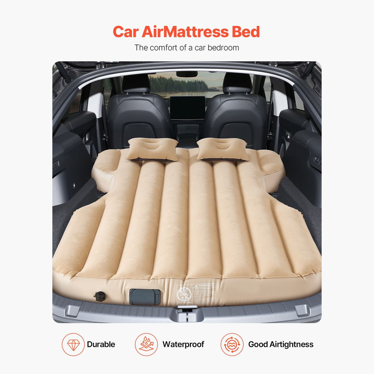Car Air Mattress, Fits Tesla Model Y (2020-2024), Inflatable Car Camping Mattress, Flocking Thickened Blow Up Travel Beds, Durable Portable Sleeping Pad with Built in Pump, 2 Pillows, Beige