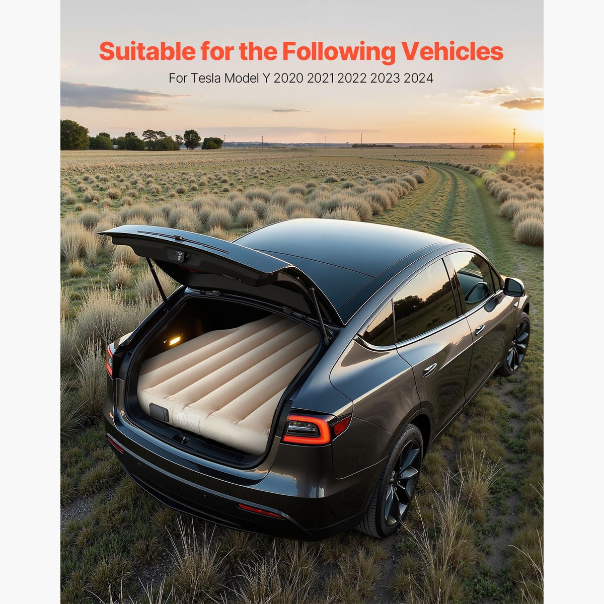 Car Air Mattress, Fits Tesla Model Y (2020-2024), Inflatable Car Camping Mattress, Flocking Thickened Blow Up Travel Beds, Durable Portable Sleeping Pad with Built in Pump, 2 Pillows, Beige