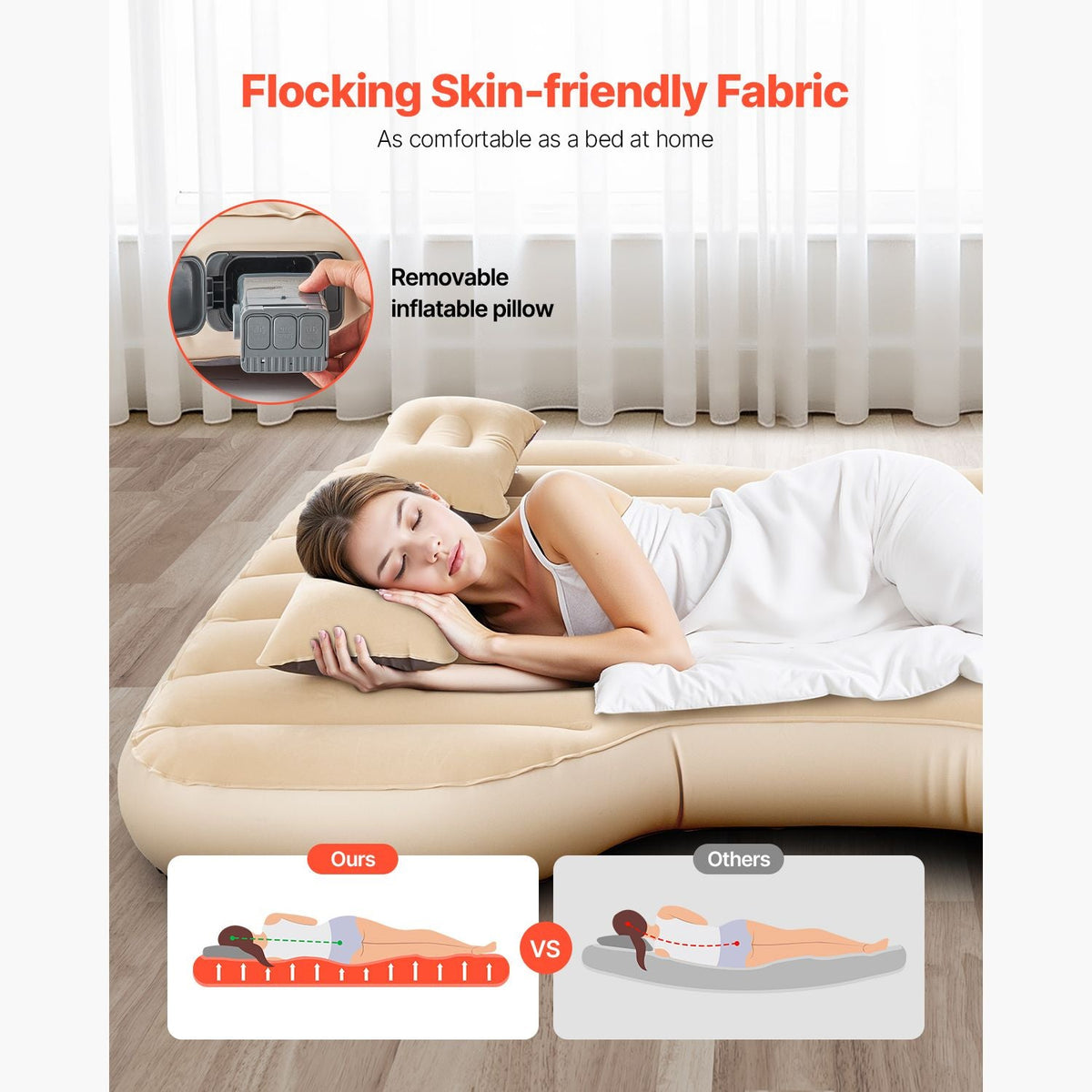 Car Air Mattress, Fits Tesla Model Y (2020-2024), Inflatable Car Camping Mattress, Flocking Thickened Blow Up Travel Beds, Durable Portable Sleeping Pad with Built in Pump, 2 Pillows, Beige