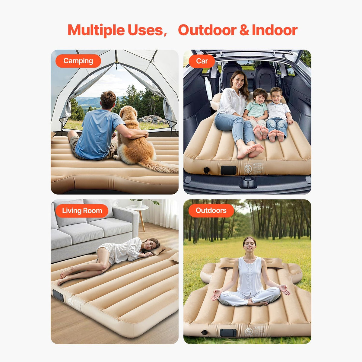 Car Air Mattress, Fits Tesla Model Y (2020-2024), Inflatable Car Camping Mattress, Flocking Thickened Blow Up Travel Beds, Durable Portable Sleeping Pad with Built in Pump, 2 Pillows, Beige