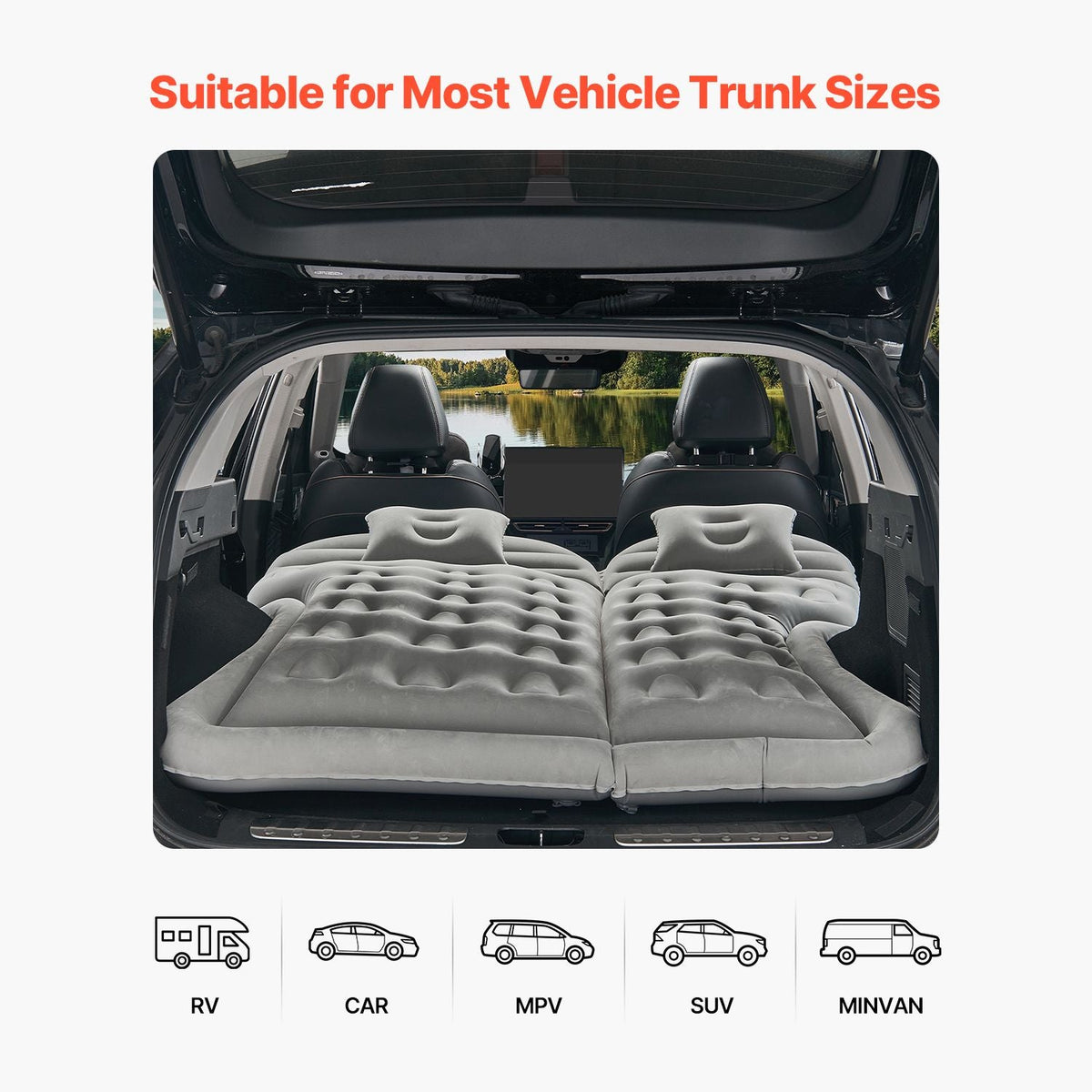 Car Air Mattress, Inflatable Car Camping Mattress, Flocking Thickened Travel Beds, Comfortable and Durable Portable Sleeping Pad with Air Pump, Nozzle, Carry Bag, Fits Most SUV MPV Sedan, Gray