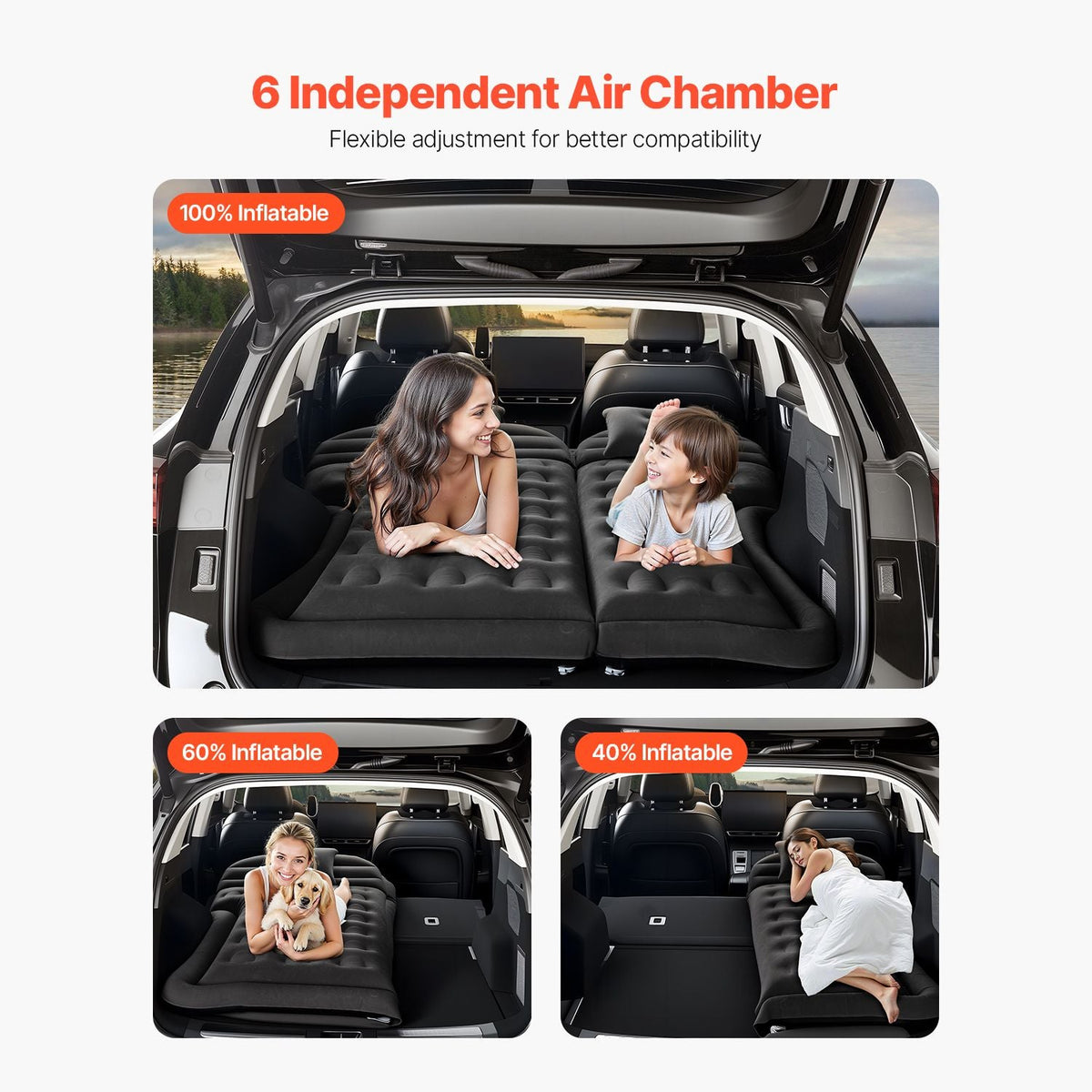 Car Air Mattress, Inflatable Car Camping Mattress, Flocking Thickened Travel Beds, Durable Portable Sleeping Pad with Air Pump, 2 Pillows, Nozzle, Carry Bag, Fits Most SUV MPV Sedan, Black