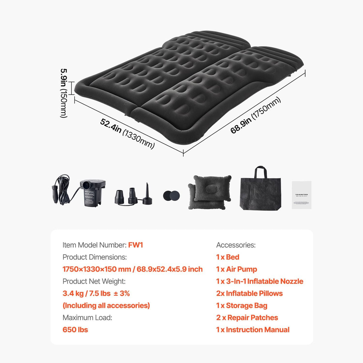 Car Air Mattress, Inflatable Car Camping Mattress, Flocking Thickened Travel Beds, Durable Portable Sleeping Pad with Air Pump, 2 Pillows, Nozzle, Carry Bag, Fits Most SUV MPV Sedan, Black