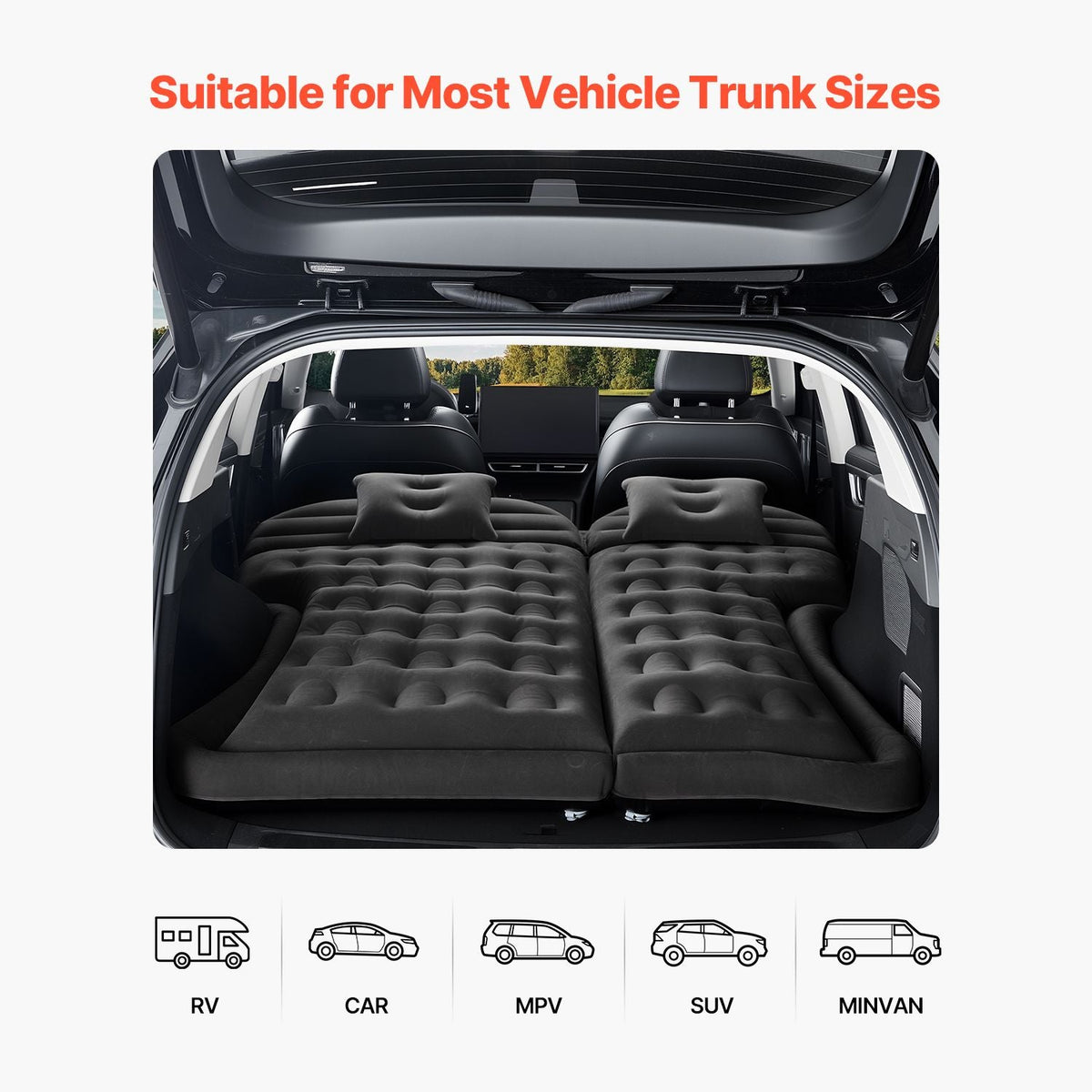 Car Air Mattress, Inflatable Car Camping Mattress, Flocking Thickened Travel Beds, Durable Portable Sleeping Pad with Air Pump, 2 Pillows, Nozzle, Carry Bag, Fits Most SUV MPV Sedan, Black
