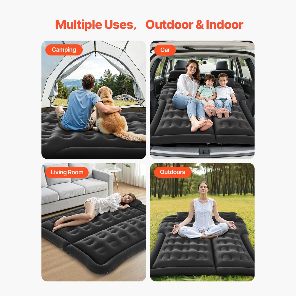Car Air Mattress, Inflatable Car Camping Mattress, Flocking Thickened Travel Beds, Durable Portable Sleeping Pad with Air Pump, 2 Pillows, Nozzle, Carry Bag, Fits Most SUV MPV Sedan, Black