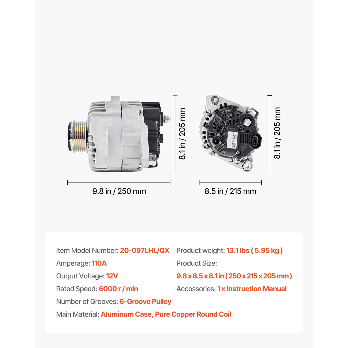 Car Alternator 11491, Compatible with Hyundai Sonata 2.4L 2010-2013, Kia Optima 2.4L 2011-2013, Automotive Replacement Alternator with Aluminum Housing and Pure Copper Round Coil, 37300-2G150