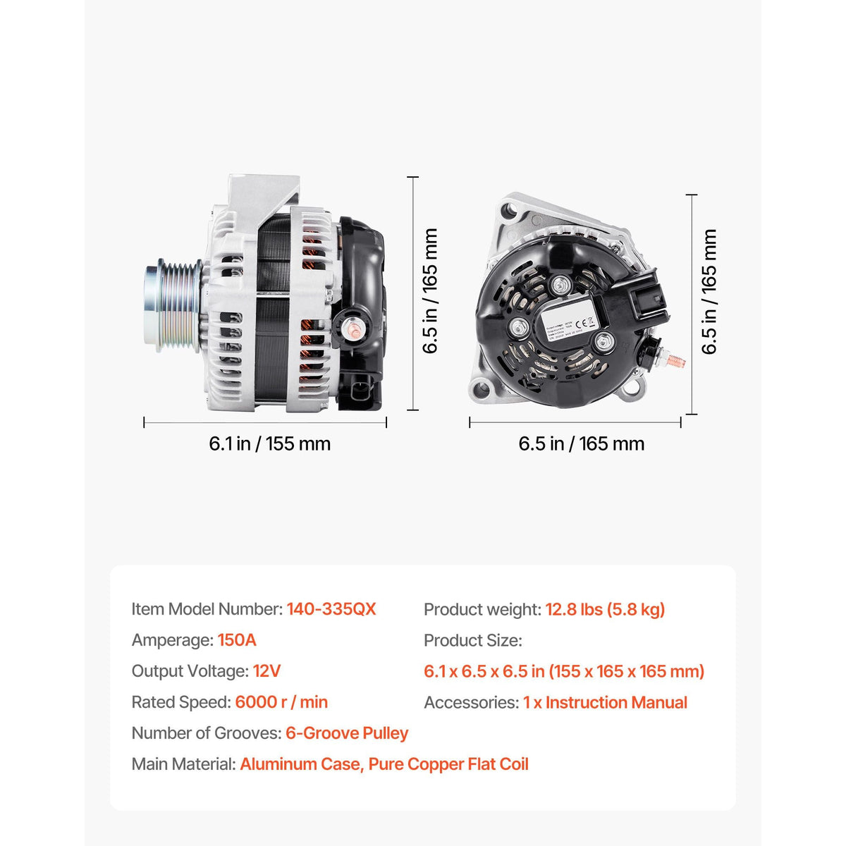 Car Alternator 84143543, Fit for Chevy Express 2500 V6 4.3L, V8 6.0L 2018-2019, GMC Sierra 1500 2014-2016, Yukon 2015-2019, Automotive Replacement Alternator 104211-8340, 22747894, TN1042119110