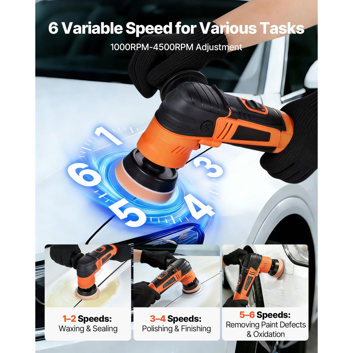 Car Buffer Polisher, 1.2"/2"/3" Rotary Polisher Buffer, 600W 6 Variable Speeds 1000-4500RPM Car Polisher Waxer Kit for Cars Detailing, Waxing, Polishing, Scratch Removal