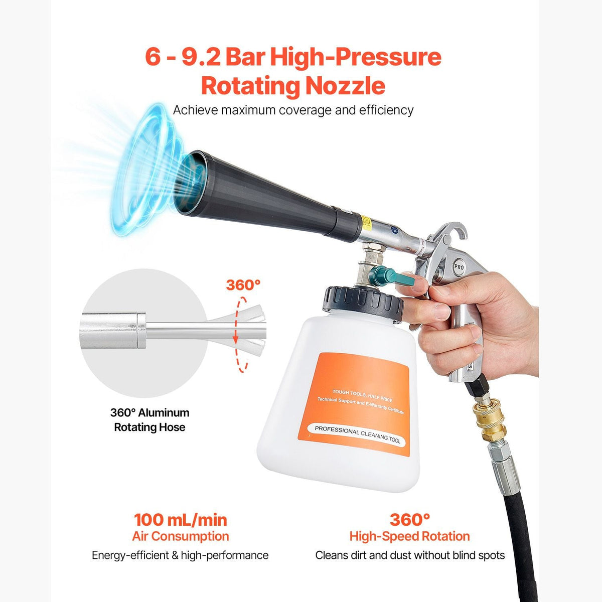 Car Cleaning Gun, 6-9.2 Bar High-Pressure Air Blow Gun with 2 Set Nozzles & 1L Liquid Bottle, Vortex Cleaning Gun, Quickly Blasts Dirt and Dust from Surface, Suitable for 1/4 NPT Air Compressor