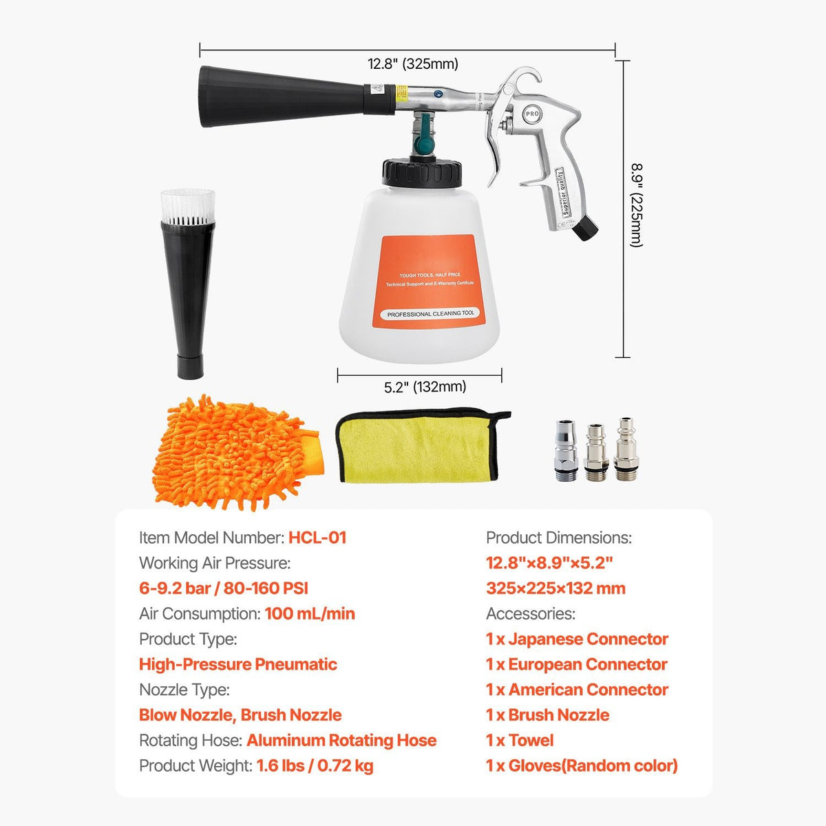 Car Cleaning Gun, 6-9.2 Bar High-Pressure Air Blow Gun with 2 Set Nozzles & 1L Liquid Bottle, Vortex Cleaning Gun, Quickly Blasts Dirt and Dust from Surface, Suitable for 1/4 NPT Air Compressor