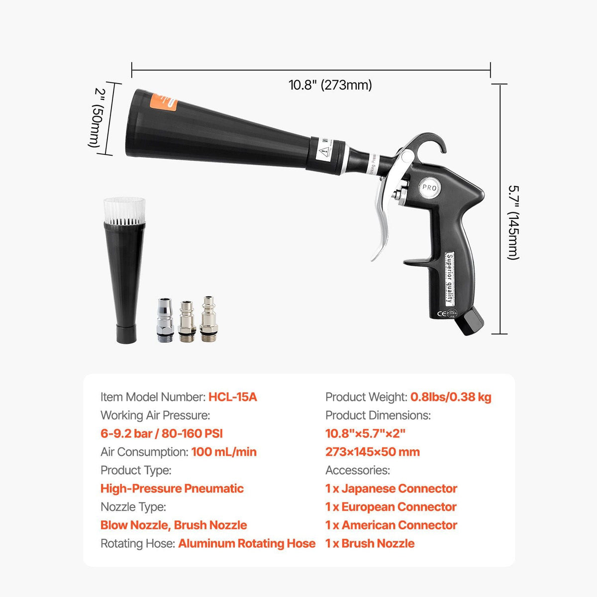 Car Cleaning Gun, 6-9.2 Bar High-Pressure Air Blow Gun with 2 Set Nozzles, 360° Rotating Nozzle for Complete Cleaning, Quickly Blasts Dirt and Dust from Surface, Work with 1/4 NPT Air Compressor