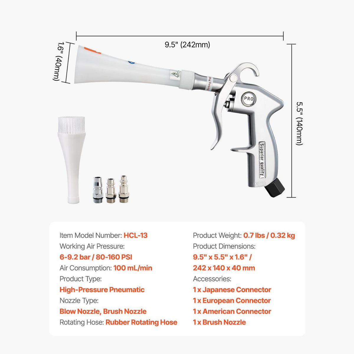 Car Cleaning Gun, 6-9.2 Bar High-Pressure Air Blow Gun with 2 Set Nozzles, 360° Rotating Nozzle for Thorough Cleaning, Quickly Blasts Dirt and Dust from Surface, Work with 1/4 NPT Air Compressor