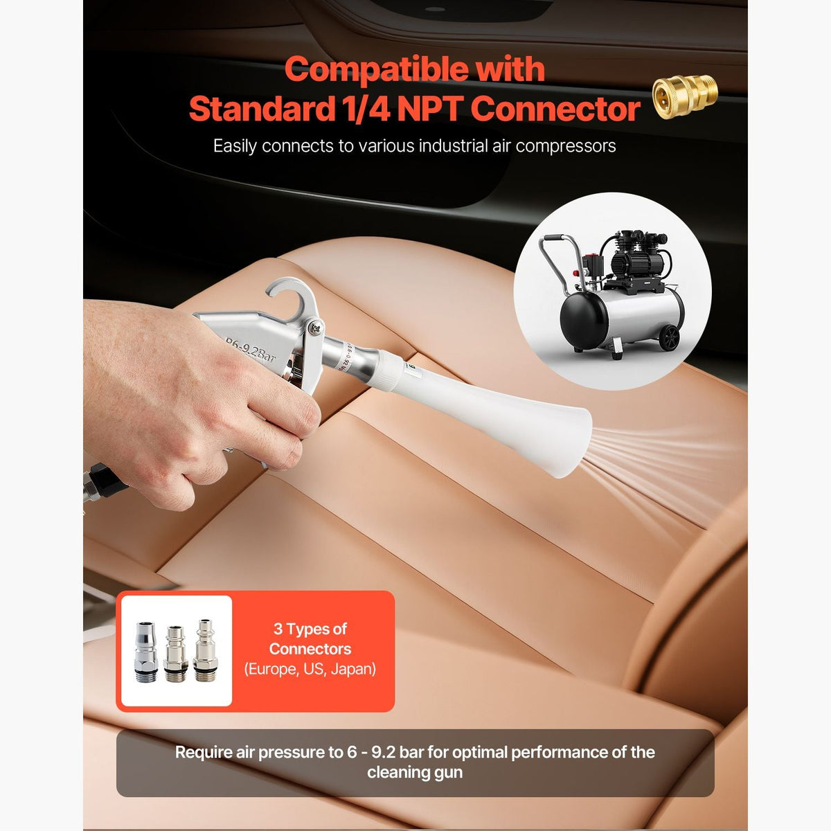 Car Cleaning Gun, 6-9.2 Bar High-Pressure Air Blow Gun with 2 Set Nozzles, 360° Rotating Nozzle for Thorough Cleaning, Quickly Blasts Dirt and Dust from Surface, Work with 1/4 NPT Air Compressor