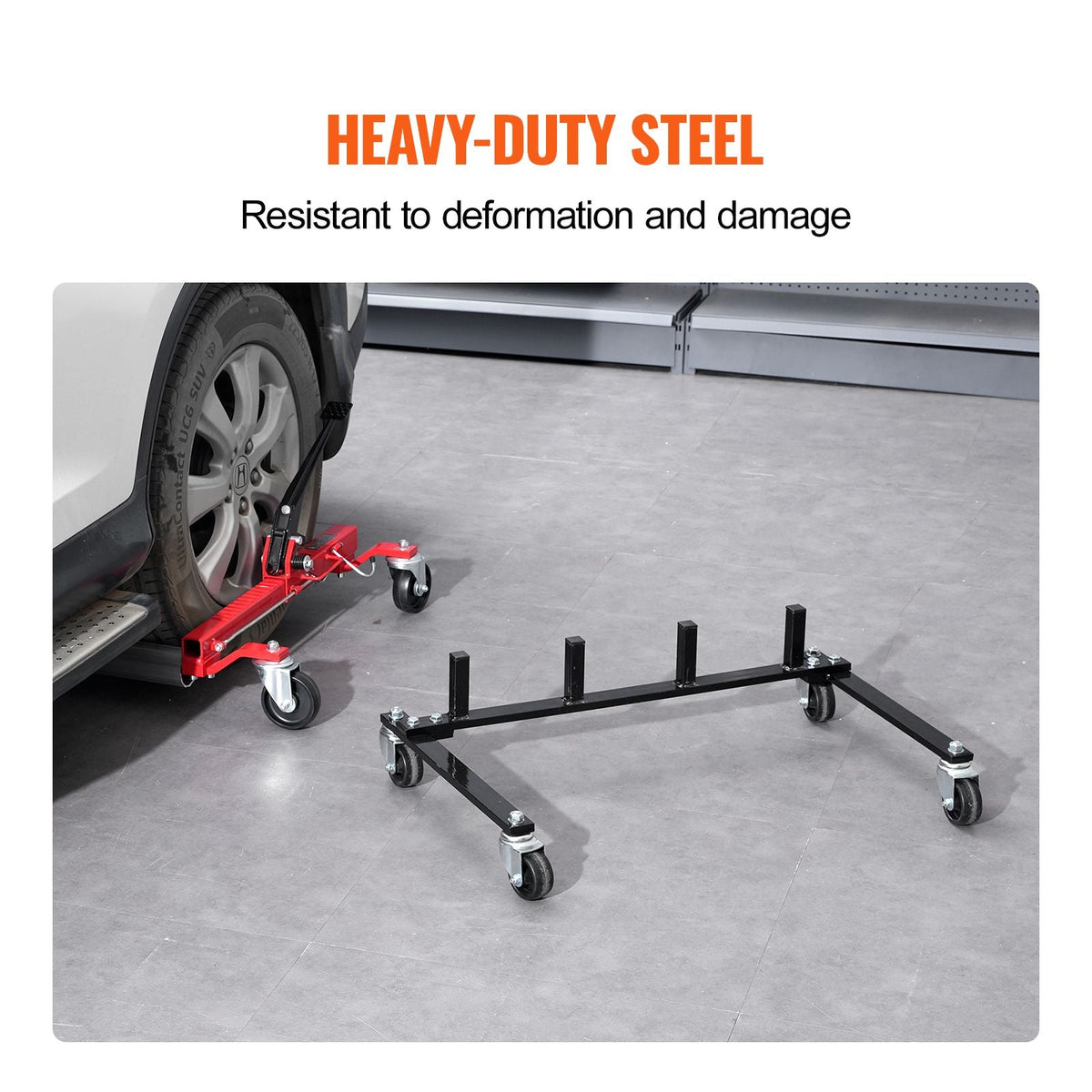 Car Dolly Rack, Storage Rack with 360° Rotatable Wheels, Hydraulic Ratchet Trolley Jack Stand Organizer, Jack Stands Holder Storage Rack, 4-Dolly Capacity, Compatible with Most Dollies