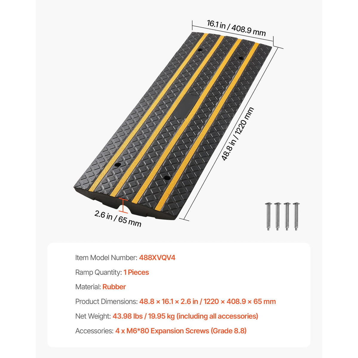 Car Driveway Rubber Curb Ramp, 33069 lbs Load Capacity, 2.6 inch Rise Curbside Bridge Ramp with Yellow Reflective Strips, Suitable for Loading Dock, Warehouse, Garage, Sidewalk (1 Pack)