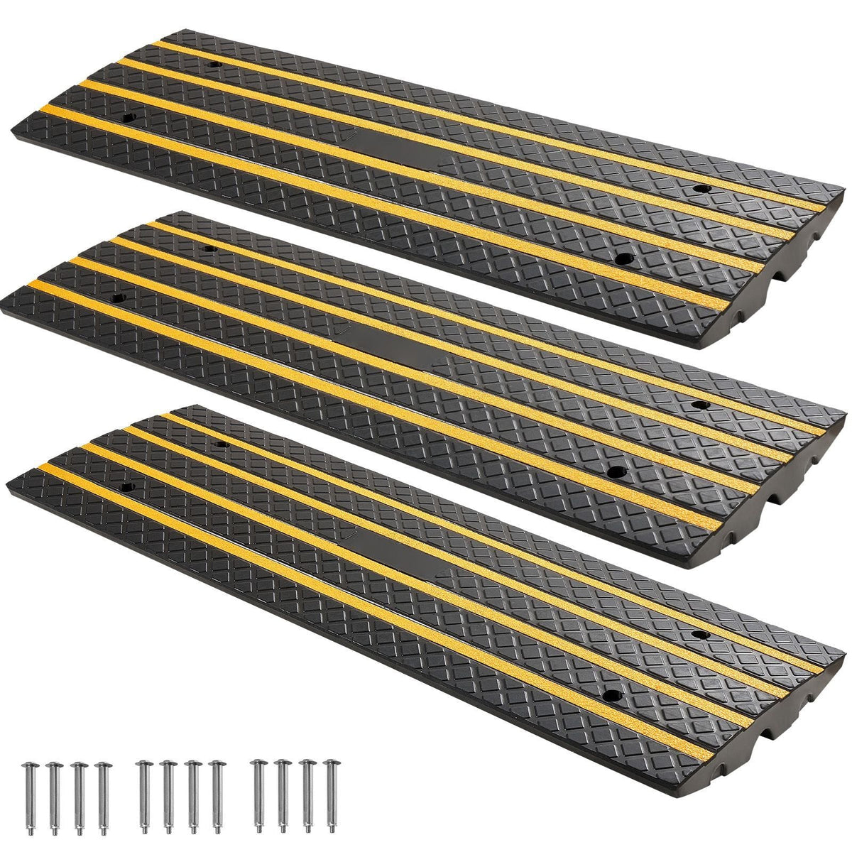 Car Driveway Rubber Curb Ramp, 33069 lbs Load Capacity, 2.6 inch Rise Curbside Bridge Ramp with Yellow Reflective Strips, Suitable for Loading Dock, Warehouse, Garage, Sidewalk (3 Pack)
