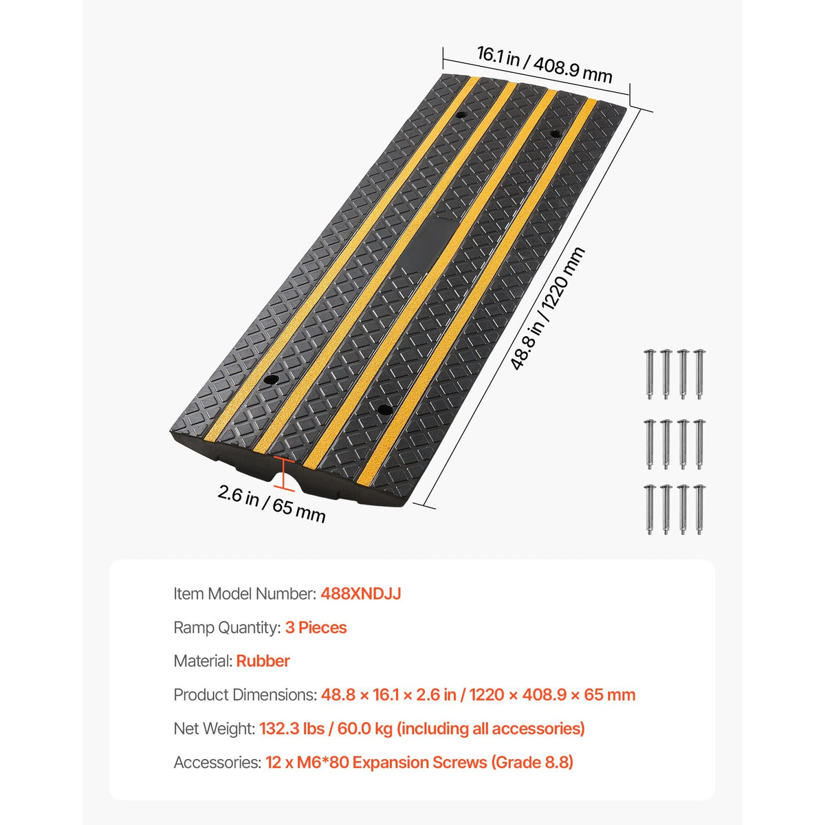 Car Driveway Rubber Curb Ramp, 33069 lbs Load Capacity, 2.6 inch Rise Curbside Bridge Ramp with Yellow Reflective Strips, Suitable for Loading Dock, Warehouse, Garage, Sidewalk (3 Pack)