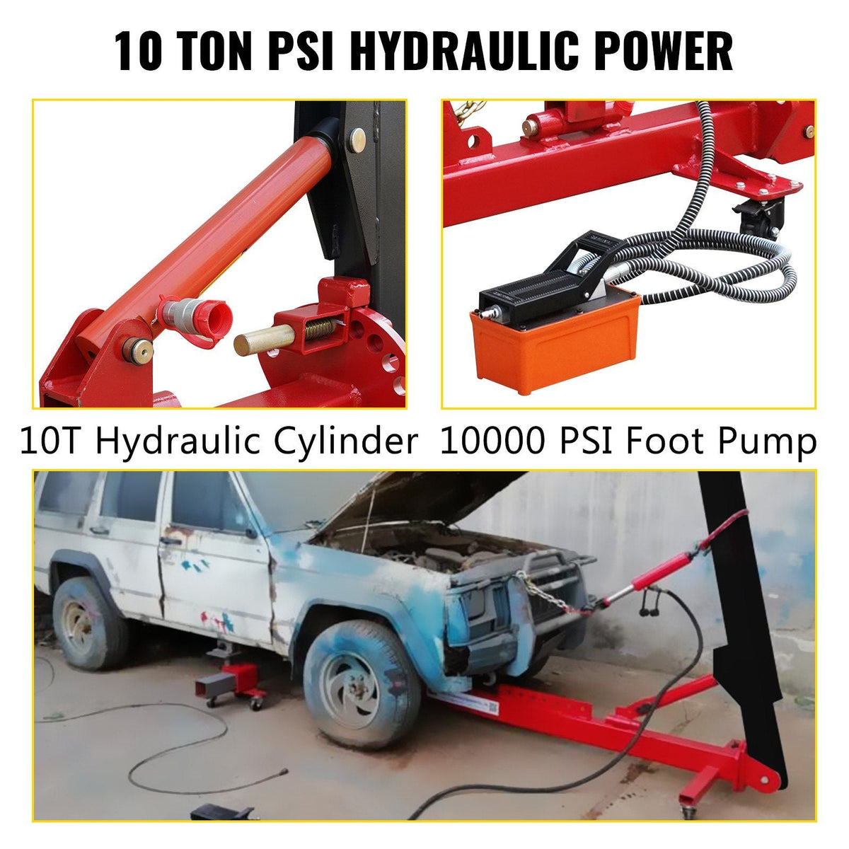 Car Frame Puller Set, 6 Ton PSI Air Pump Frame Puller, 10000 PSI Foot-Operated Hydraulic Pump, 3 Ton Air Bag Jack, Auto Body Frame Straightener, with Double-Head Clamps And Casters