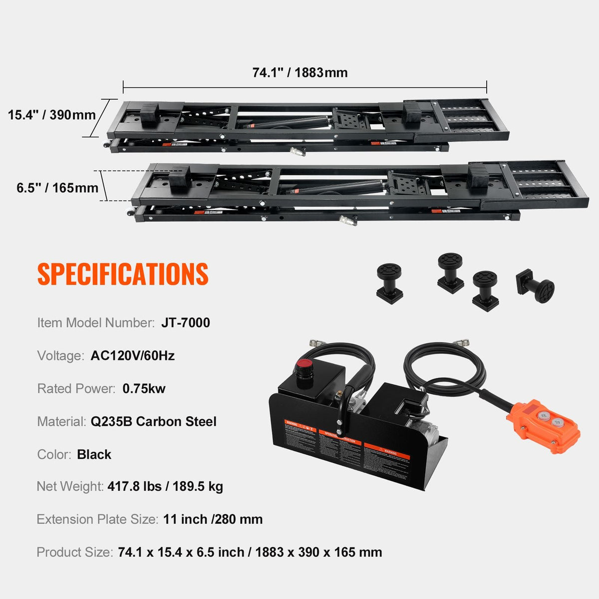 Car Lift, 7,000 LBS Capacity Portable Car Lift, with Extended-Length Plates, 26.8" Max. Height, Heavy-duty Carbon Steel Truck Lift with 120V Power Unit, Auto Car Jack Lifts for Home Garage Shop