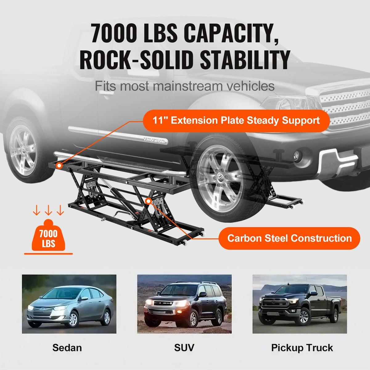 Car Lift, 7,000 LBS Capacity Portable Car Lift, with Extended-Length Plates, 26.8" Max. Height, Heavy-duty Carbon Steel Truck Lift with 120V Power Unit, Auto Car Jack Lifts for Home Garage Shop