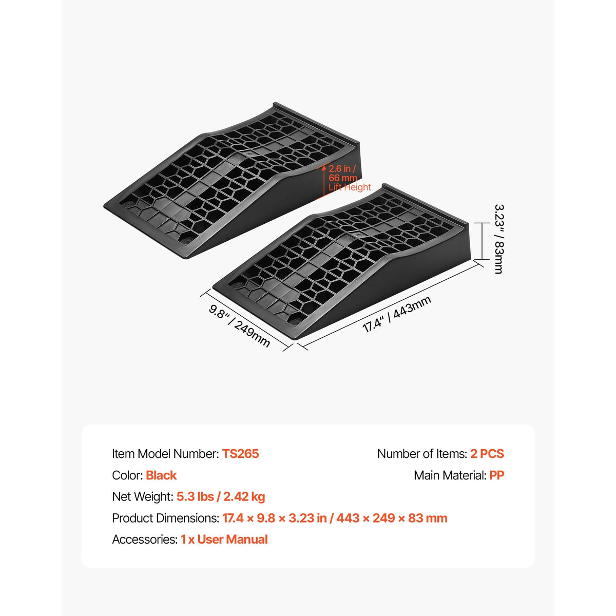 Car Ramps, 2 PCS 20000 lbs GVW Capacity, 2.6 in Lift Height, Portable Low Profile Car Service Ramps for Home Garage Maintenance & Oil Changes, Heavy Duty for Low Chassis Vehicle & Support Jack