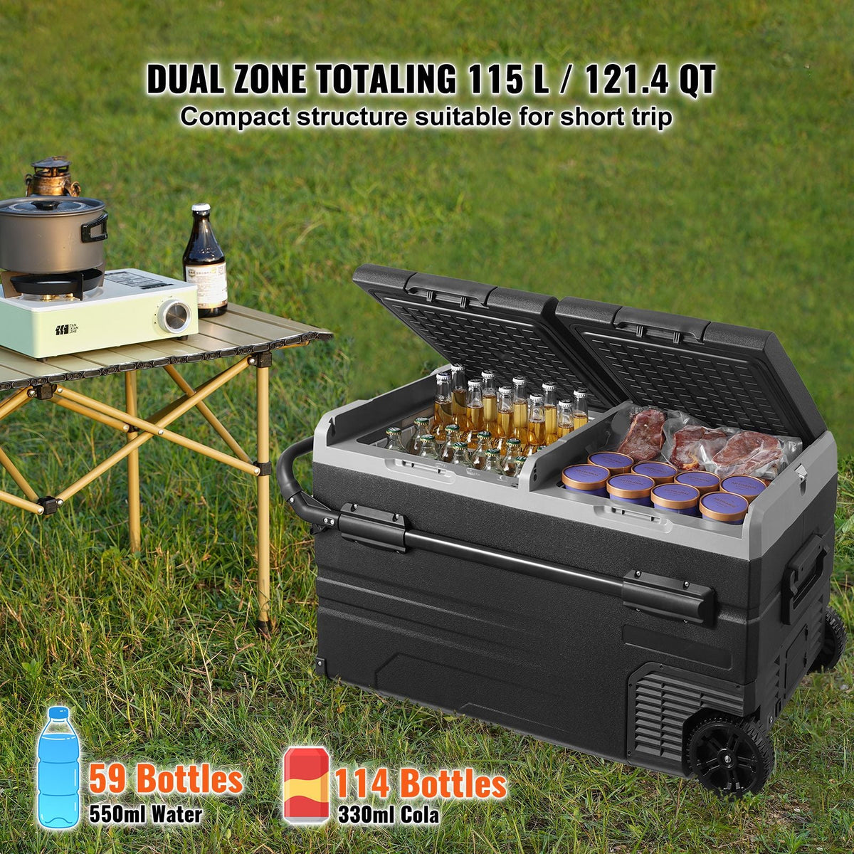Car Refrigerator, 12 Volt Car Refrigerator Fridge, 115 L Dual Zone Portable Freezer with Wheels and Handle, -4-68 F, 12/24V DC and 100-240V AC Compressor Cooler for Outdoor, Camping