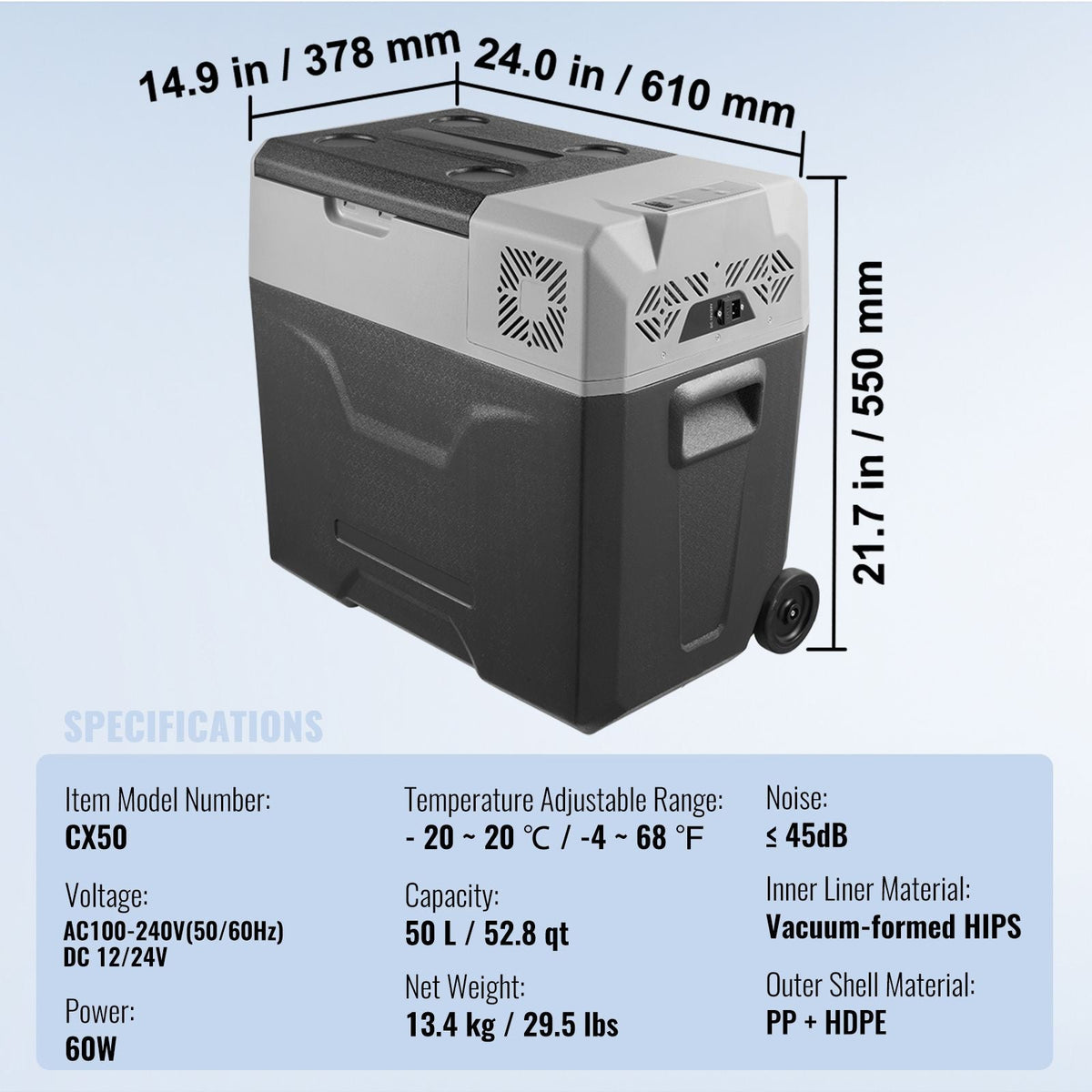 Car Refrigerator, 12 Volt Car Refrigerator Fridge, 50 L Single Zone Portable Freezer with Wheels and Handle, -4 F-68 F, 12/24V DC and 100-240V AC Compressor Cooler for Outdoor, Camping