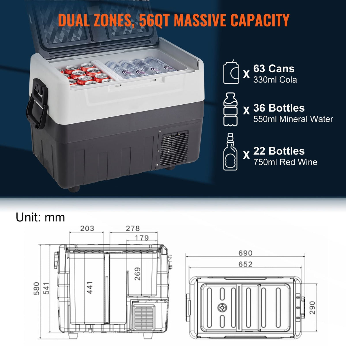 Car Refrigerator, 12 Volt Car Refrigerator Fridge, 58 QT/55 L Dual Zone Portable Freezer, -4-50 Fahrenheit Adjustable Range, 12/24V DC and 100-240V AC Compressor Cooler for Outdoor, Camping, RV