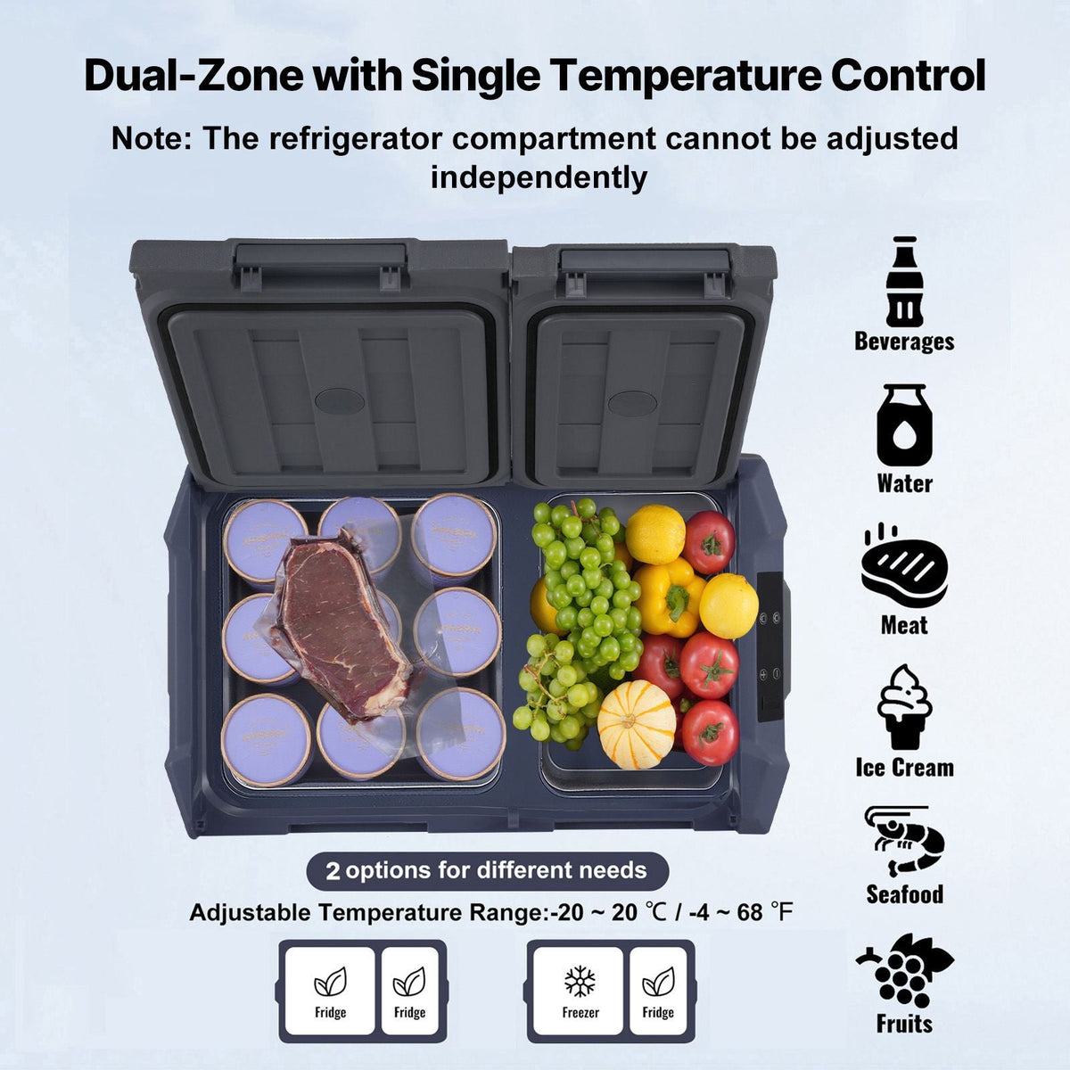 Car Refrigerator, 39 L Dual Zone Portable Freezer, 12 Volt Car Refrigerator Fridge, -4-68 F Adjustable Range, 12/24V DC and 100-240V AC Compressor Cooler for Outdoor, Camping, RV