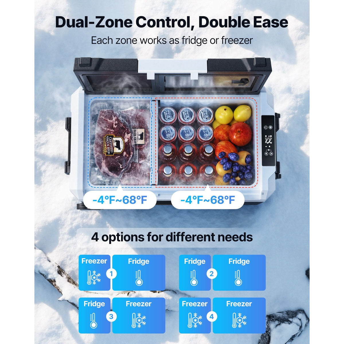 Car Refrigerator, DC 12/24V AC100-240V Compressor Electric Cooler, -4°F to 68°F Truck Refrigerator with APP Control, Wheels & Dual Zone, 48 QT Cars Cooler for RVs, Boats, Camping, Fishing