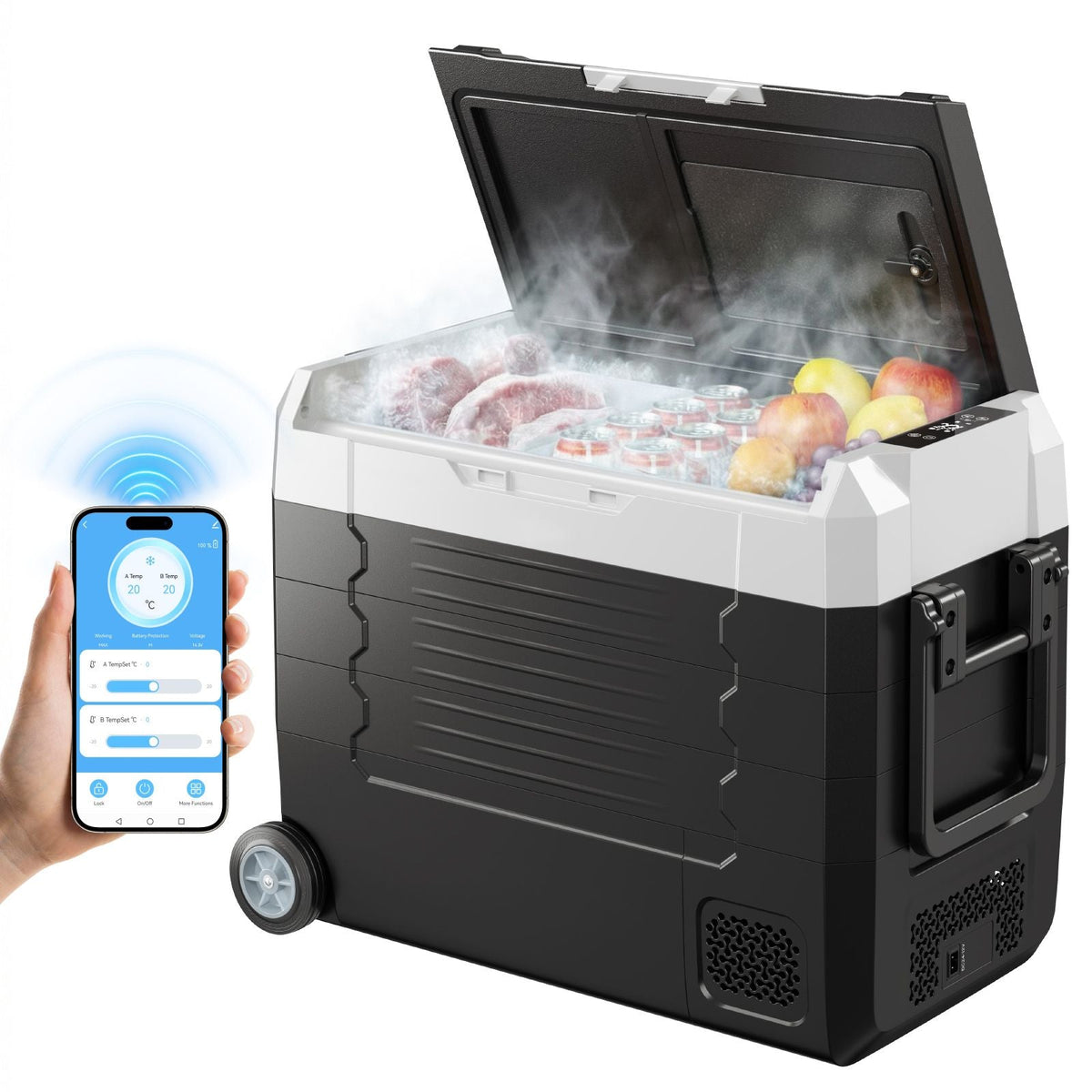 Car Refrigerator, DC 12/24V AC100-240V Compressor Electric Cooler, -4°F to 68°F Truck Refrigerator with APP Control, Wheels & Dual Zone, 48 QT Cars Cooler for RVs, Boats, Camping, Fishing