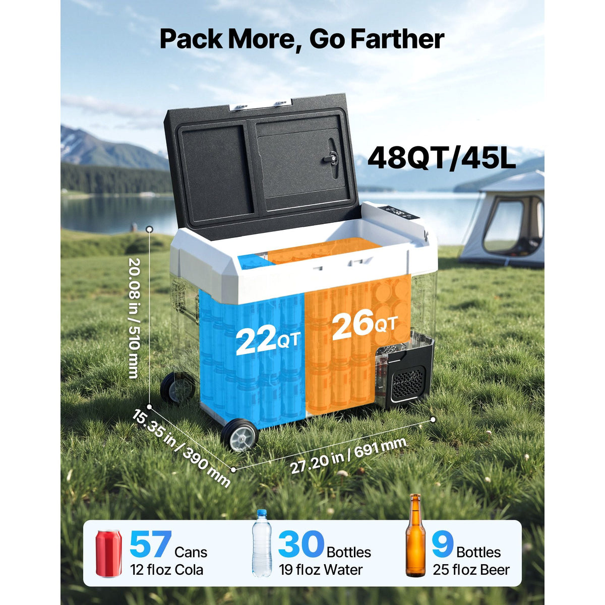 Car Refrigerator, DC 12/24V AC100-240V Compressor Electric Cooler, -4°F to 68°F Truck Refrigerator with APP Control, Wheels & Dual Zone, 48 QT Cars Cooler for RVs, Boats, Camping, Fishing