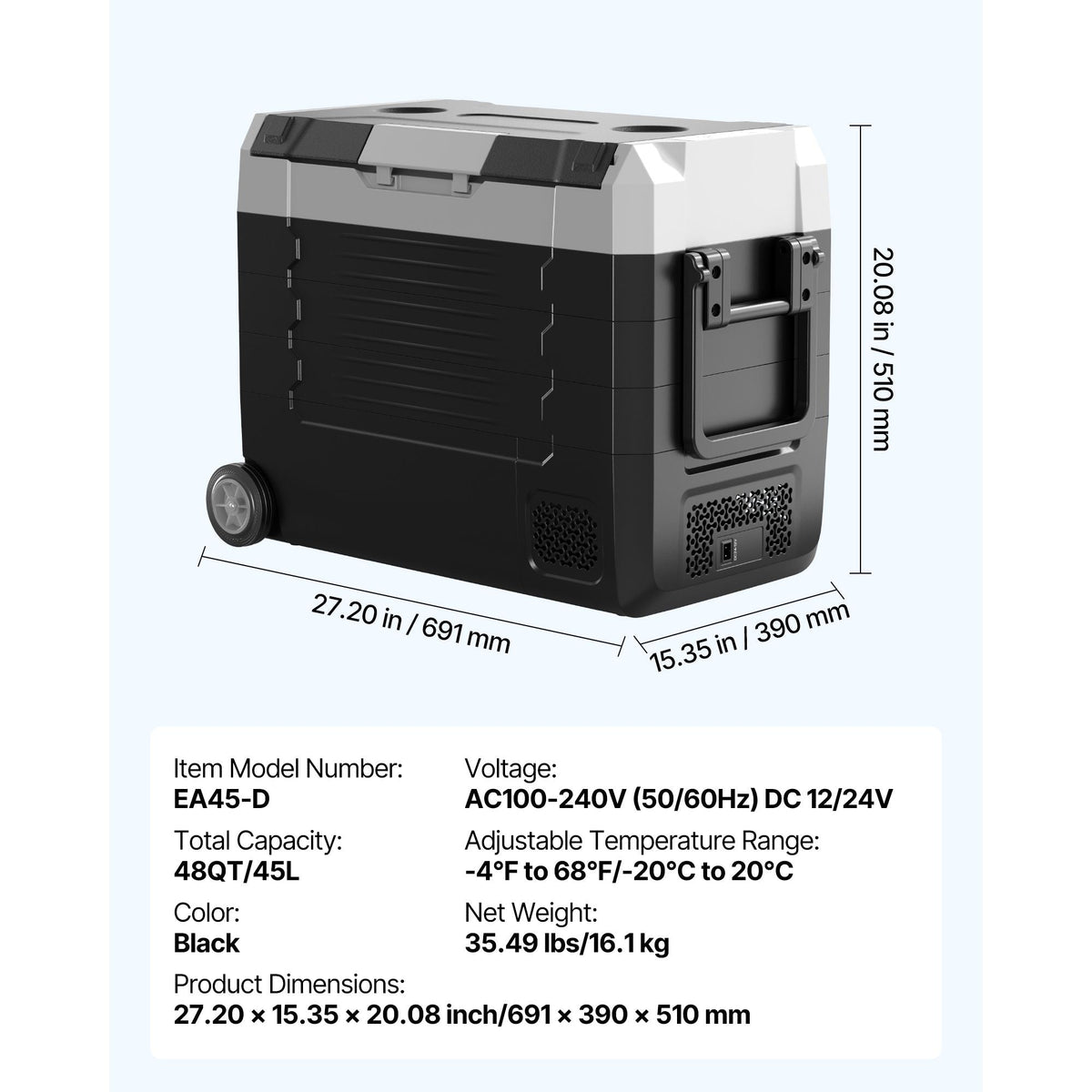 Car Refrigerator, DC 12/24V AC100-240V Compressor Electric Cooler, -4°F to 68°F Truck Refrigerator with APP Control, Wheels & Dual Zone, 48 QT Cars Cooler for RVs, Boats, Camping, Fishing