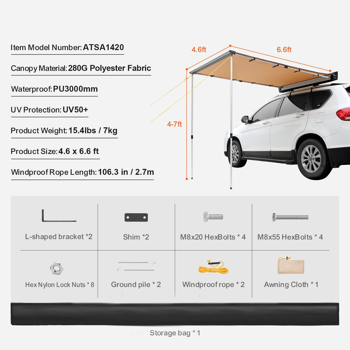 Car Side Awning, Large 4.6'x6.6' Shade Coverage Vehicle Awning, PU3000mm UV50+ Retractable Car Awning with Waterproof Storage Bag, Suitable for Truck, SUV, Van, Campers