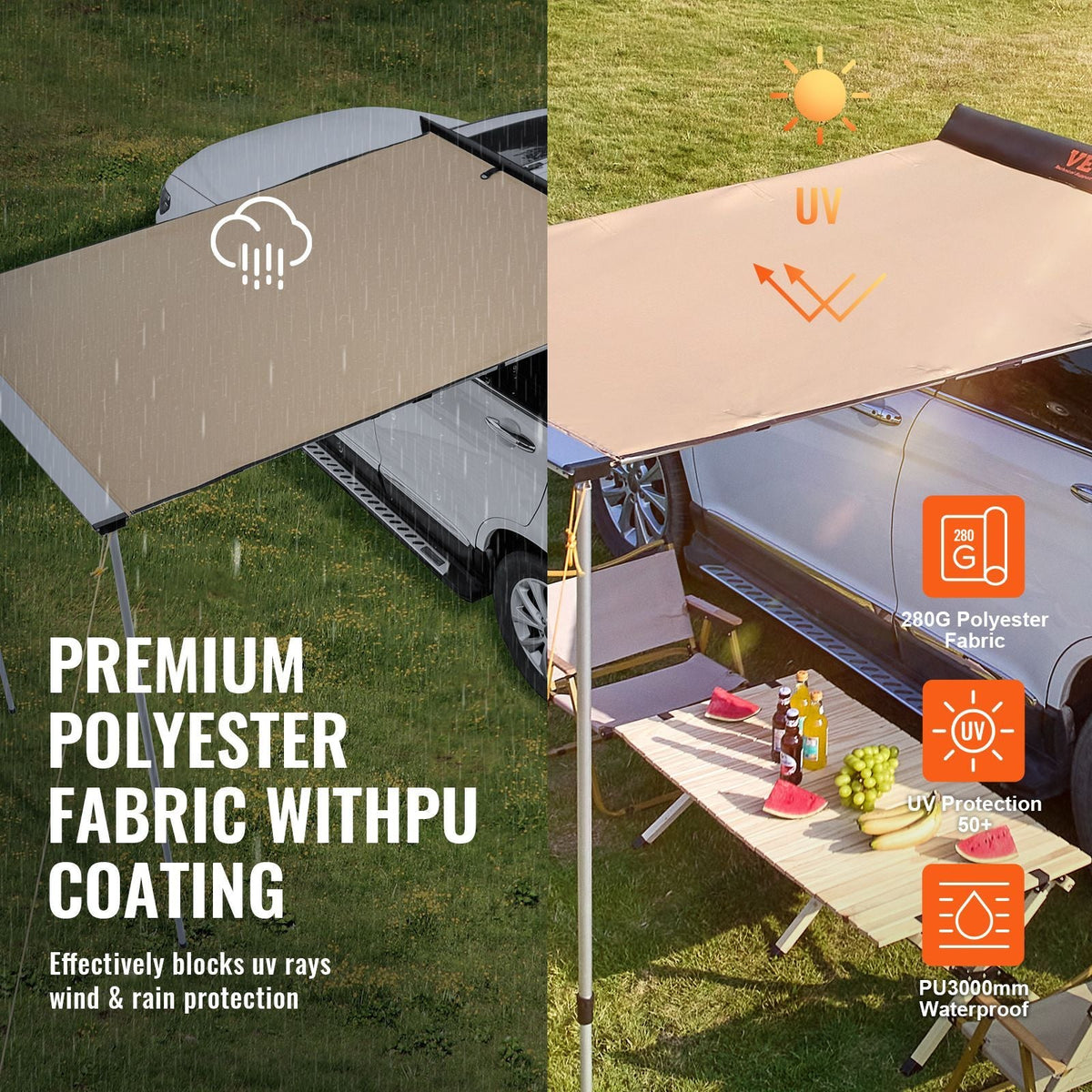 Car Side Awning, Large 4.6'x6.6' Shade Coverage Vehicle Awning, PU3000mm UV50+ Retractable Car Awning with Waterproof Storage Bag, Suitable for Truck, SUV, Van, Campers