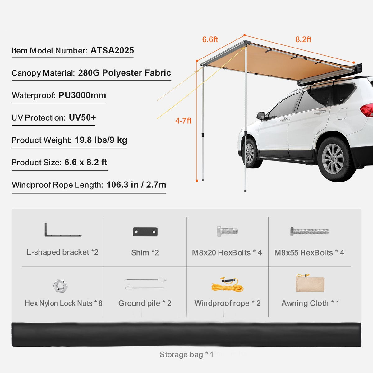 Car Side Awning, Large 6.6' x 8.2' Shade Coverage Vehicle Awning, PU3000mm UV50+ Retractable Car Awning with Waterproof Storage Bag, Height Adjustable, Suitable for Truck, SUV, Van, Campers