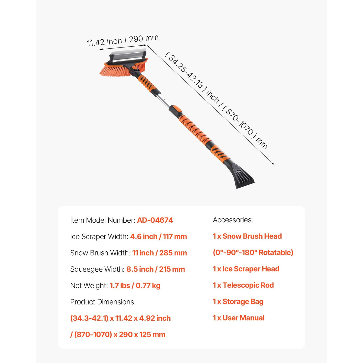 Car Snow Brush, 3-in-1 Snow Remover for Car Windshield - with 180° Pivoting Brush Head, Squeegee & Ice Scraper, 34.3"-42.1" Extendable Aluminum Handle and Foam Grip for Cars, Truck, SUV, RV