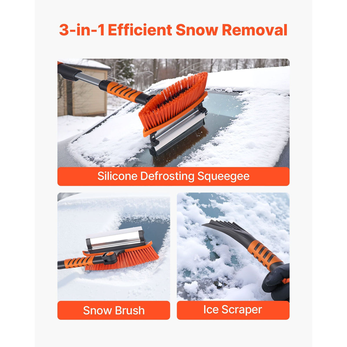 Car Snow Brush, 3-in-1 Snow Remover for Car Windshield - with 180° Pivoting Brush Head, Squeegee & Ice Scraper, 34.3"-42.1" Extendable Aluminum Handle and Foam Grip for Cars, Truck, SUV, RV