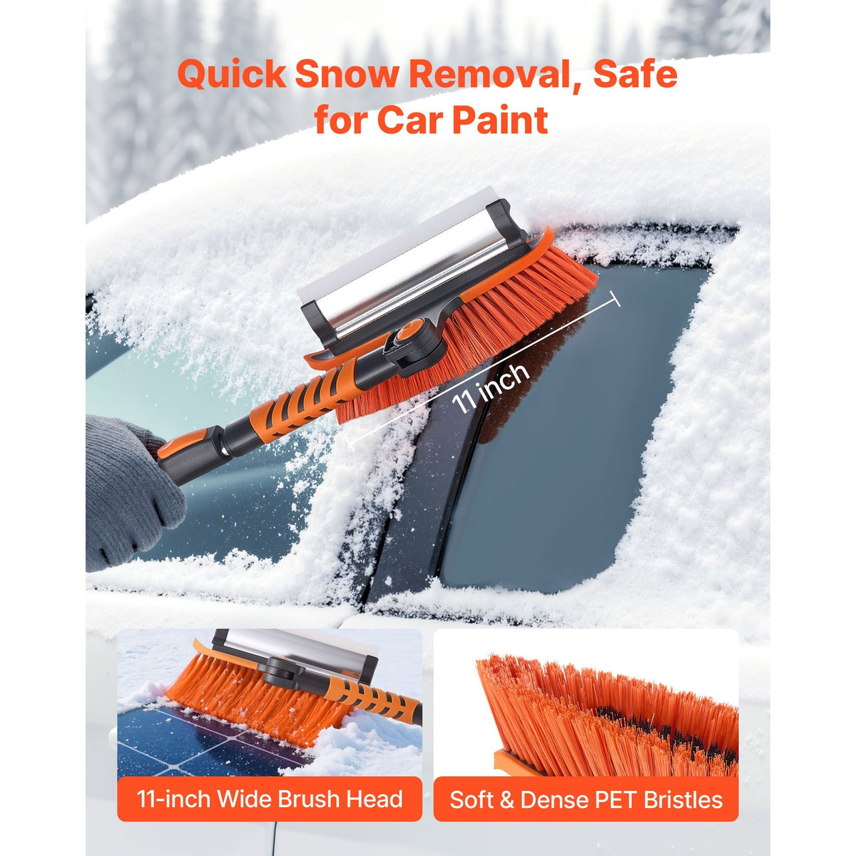 Car Snow Brush, 3-in-1 Snow Remover for Car Windshield - with 180° Pivoting Brush Head, Squeegee & Ice Scraper, 34.3"-42.1" Extendable Aluminum Handle and Foam Grip for Cars, Truck, SUV, RV