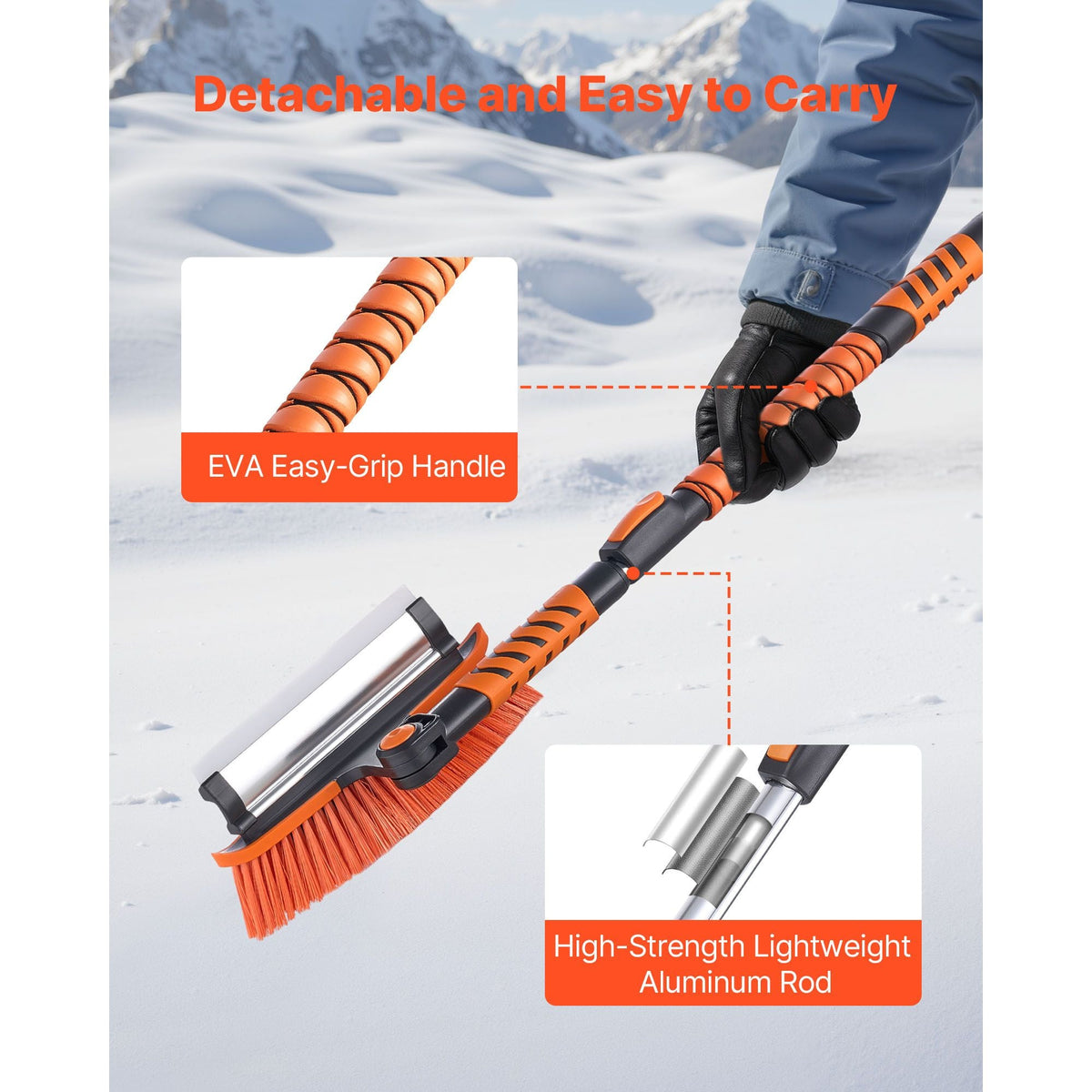 Car Snow Brush, 3-in-1 Snow Remover for Car Windshield - with 180° Pivoting Brush Head, Squeegee & Ice Scraper, 34.3"-42.1" Extendable Aluminum Handle and Foam Grip for Cars, Truck, SUV, RV