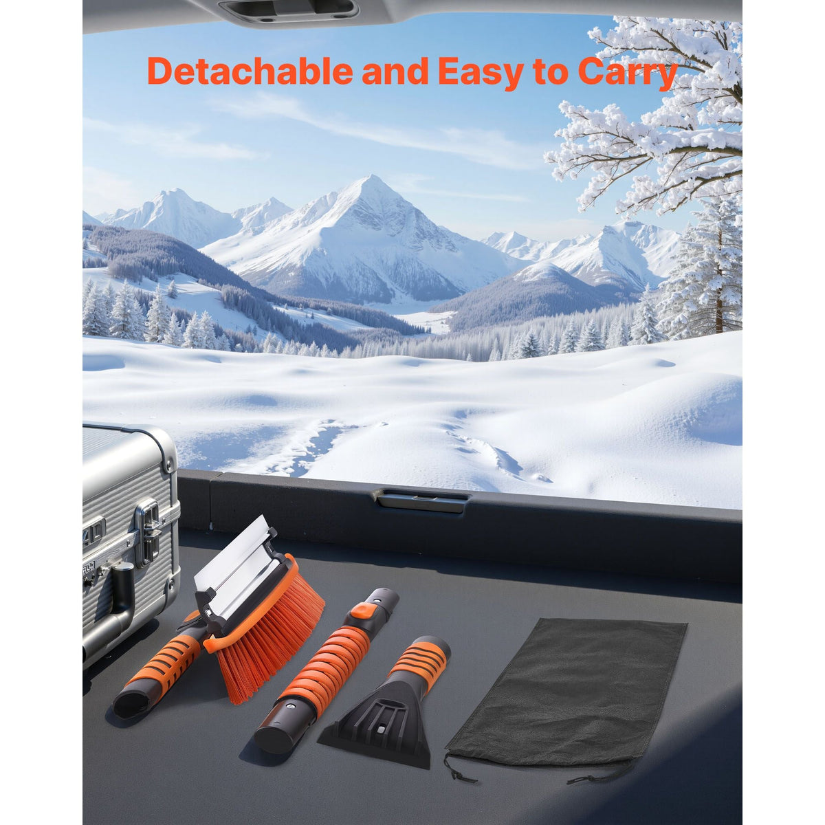 Car Snow Brush, 3-in-1 Snow Remover for Car Windshield - with 180° Pivoting Brush Head, Squeegee & Ice Scraper, 34.3"-42.1" Extendable Aluminum Handle and Foam Grip for Cars, Truck, SUV, RV