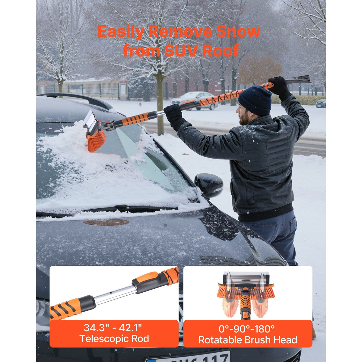 Car Snow Brush, 3-in-1 Snow Remover for Car Windshield - with 180° Pivoting Brush Head, Squeegee & Ice Scraper, 34.3"-42.1" Extendable Aluminum Handle and Foam Grip for Cars, Truck, SUV, RV