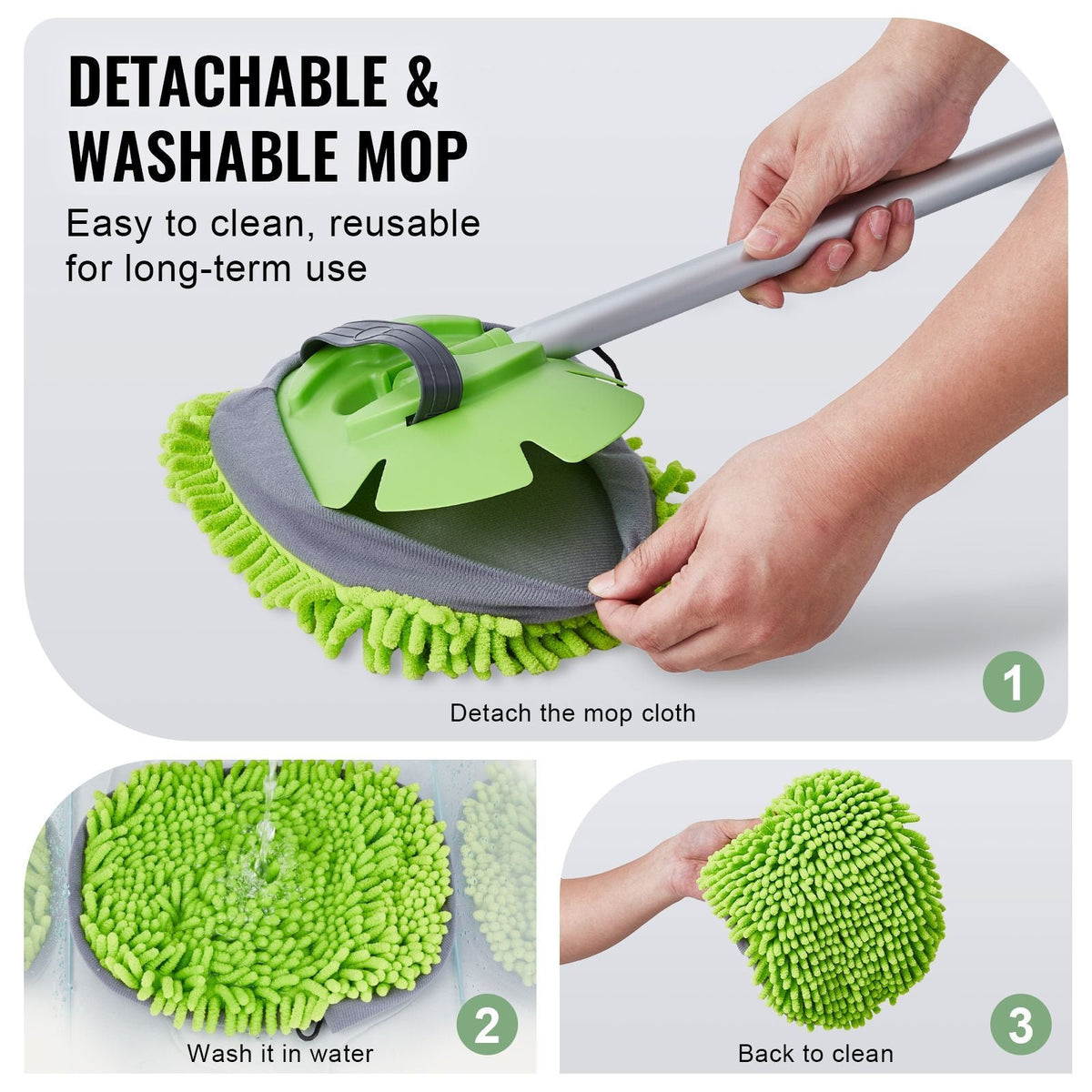 Car Wash Brush, 62-Inch Extendable Car Washing Brush with Long Handle, Soft Chenille Fiber Car Wash Mop Mitt, 180° Rotatable Car Cleaning Brush with 1 Replacement Mop for Car, RV, Window, Floor