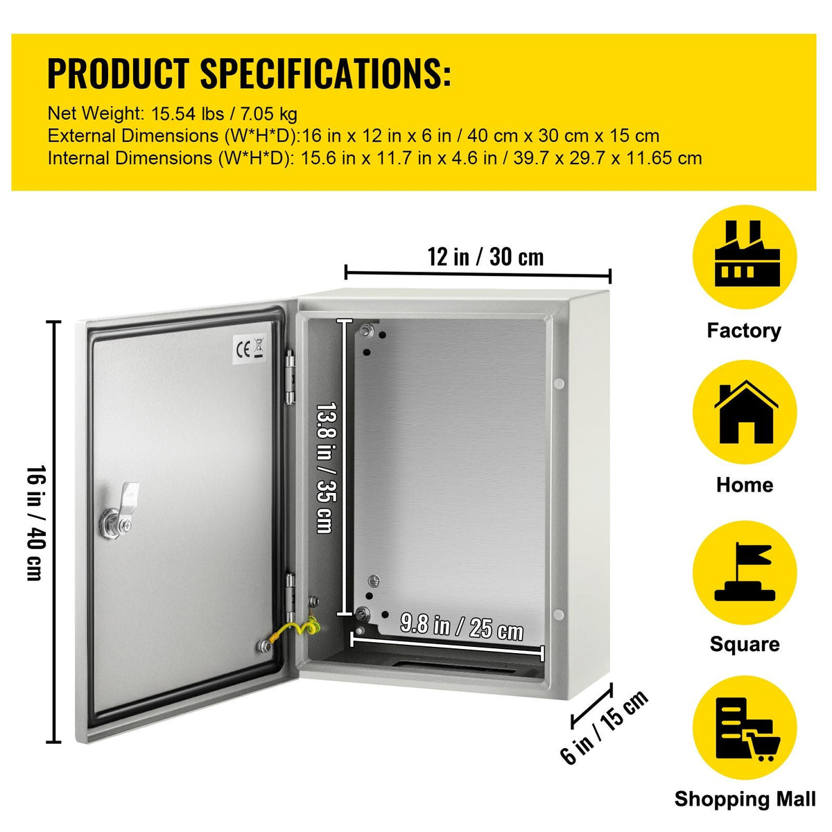 Carbon Steel Electrical Box, 16x12x6 inches, Hinged Cover, IP66 Waterproof & Dust Resistant, Suitable for Outdoor Use, Includes Mounting Plate