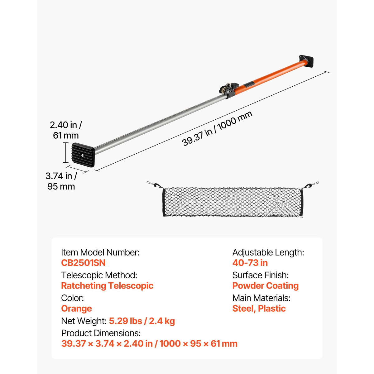 Cargo Bar, Ratcheting Cargo Bar Adjustable from 40" to 73", Heavy-duty Steel Cargos Stabilizer with Storage Net & Non-Slip Foot Pads, Telescoping Load Lock Bars Stop Sliding for SUVs, Sedans