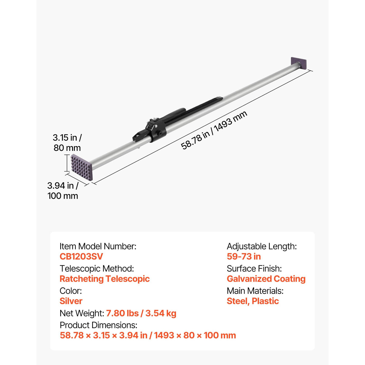 Cargo Bar, Ratcheting Cargo Bar Adjustable from 59" to 73", Heavy-duty Steel Cargos Stabilizer with Non-Slip Foot Pads, Telescoping Load Lock Bars Stop Sliding for Pickup Truck