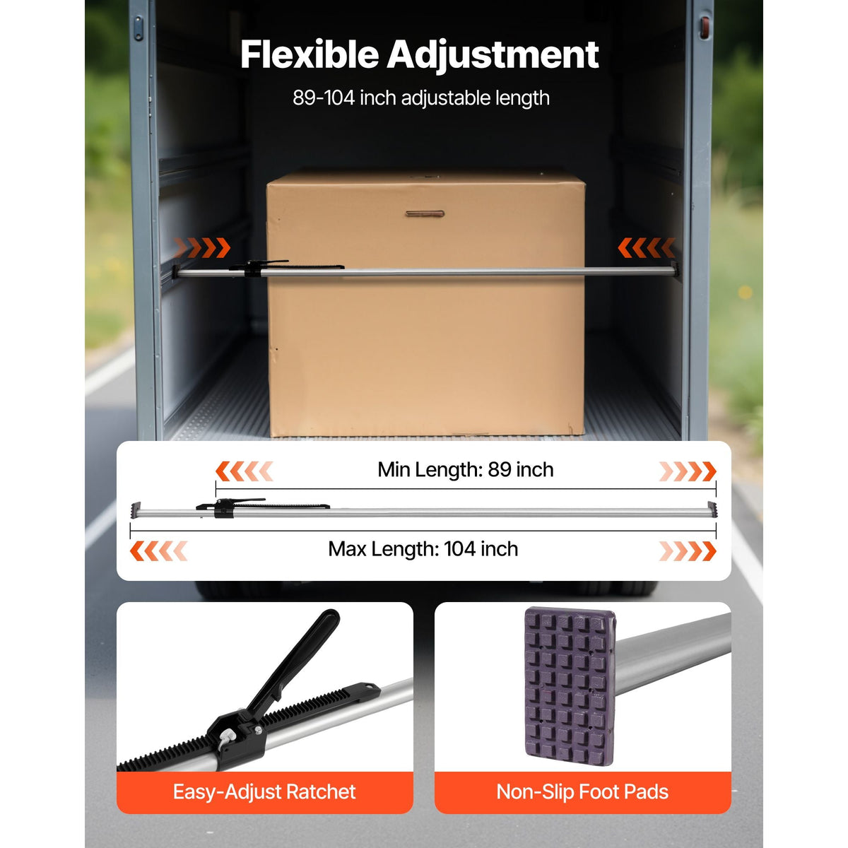 Cargo Bar, Ratcheting Cargo Bar Adjustable from 89" to 104", Heavy-duty Steel Cargos Stabilizer with Non-Slip Foot Pads, Truck Bed Load Lock Bars for Box Trucks, Semi-Trailers, Trailers (2PCS)