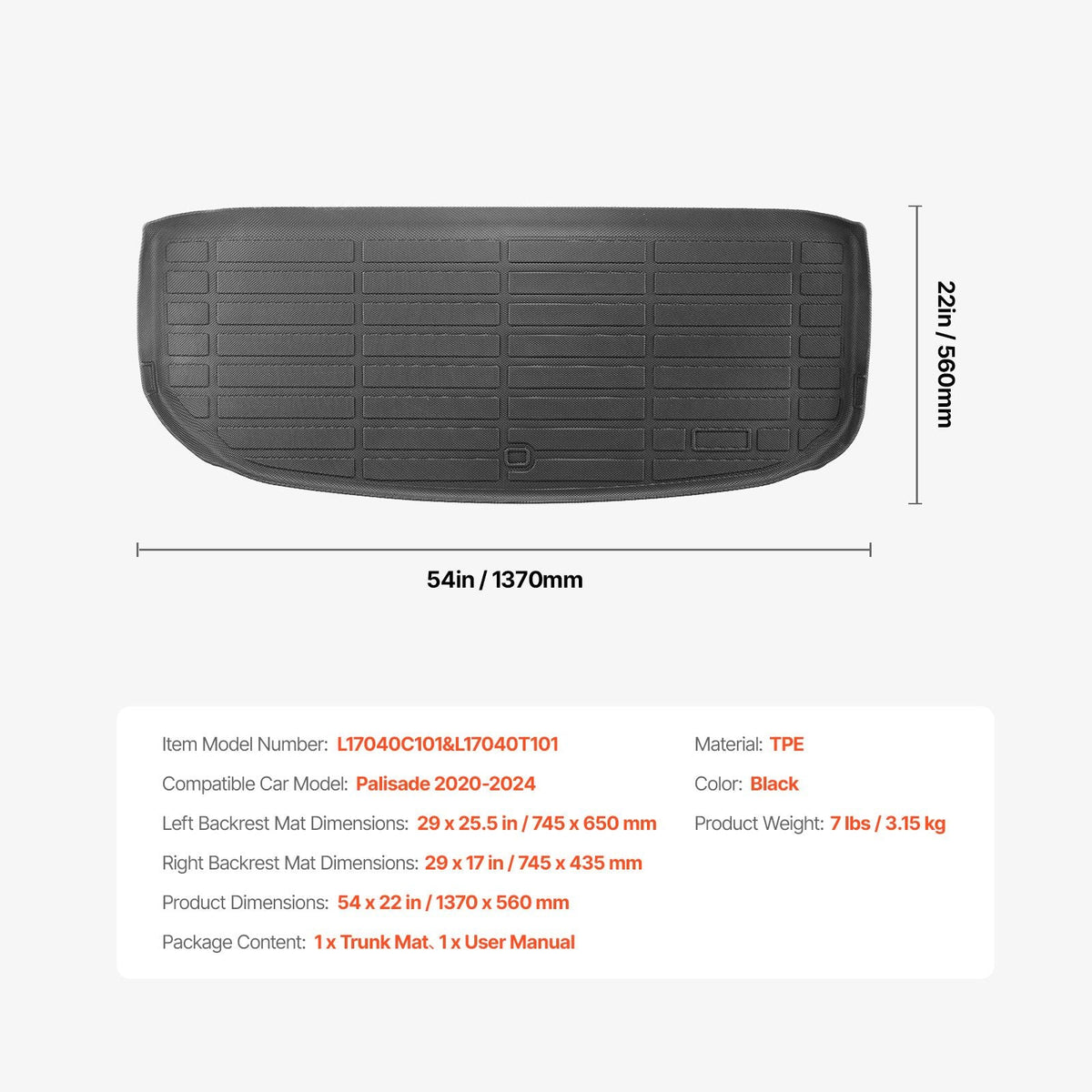 Cargo Mats Compatible with Hyundai Palisade 2020-2024, Custom Fit TPE Cargo Liner Set for SUVs, Trunk and Rear Back Seat Protector Replacement, Black, Trunk Mat and Backrest Mats
